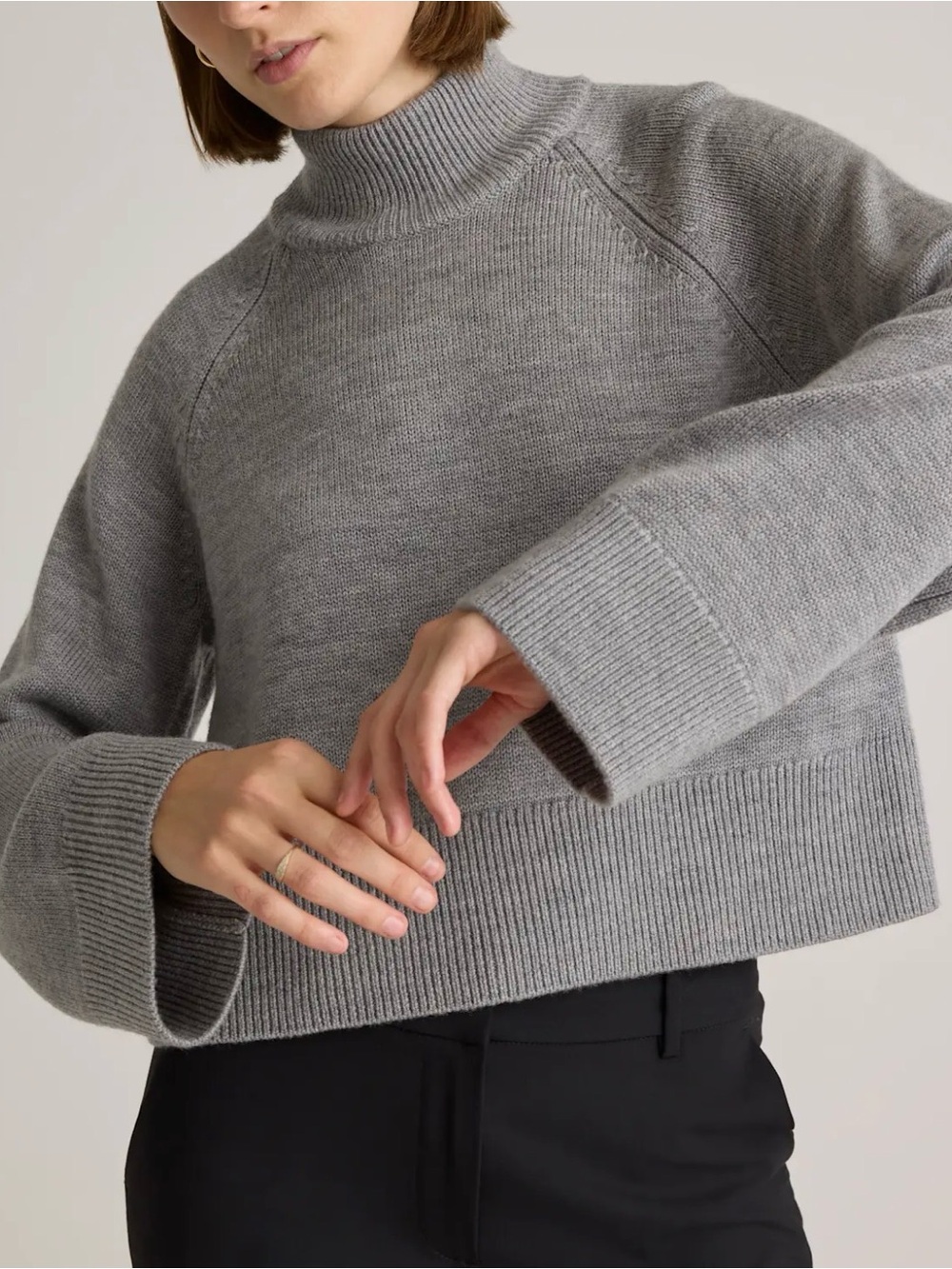 Quince Cropped Mock Neck Gray 100% Merino Wool Sweater